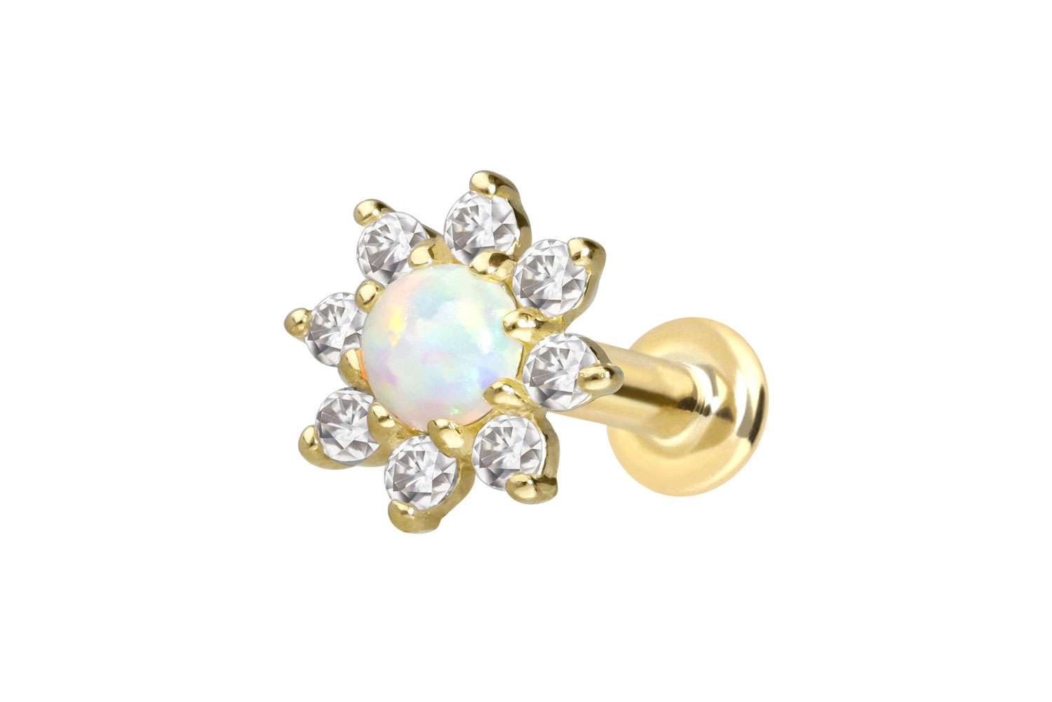 14 Karat Gold Labret Piercing mit Push Fit MOISSANIT-BLUME + SYNTHETISCHER OPAL